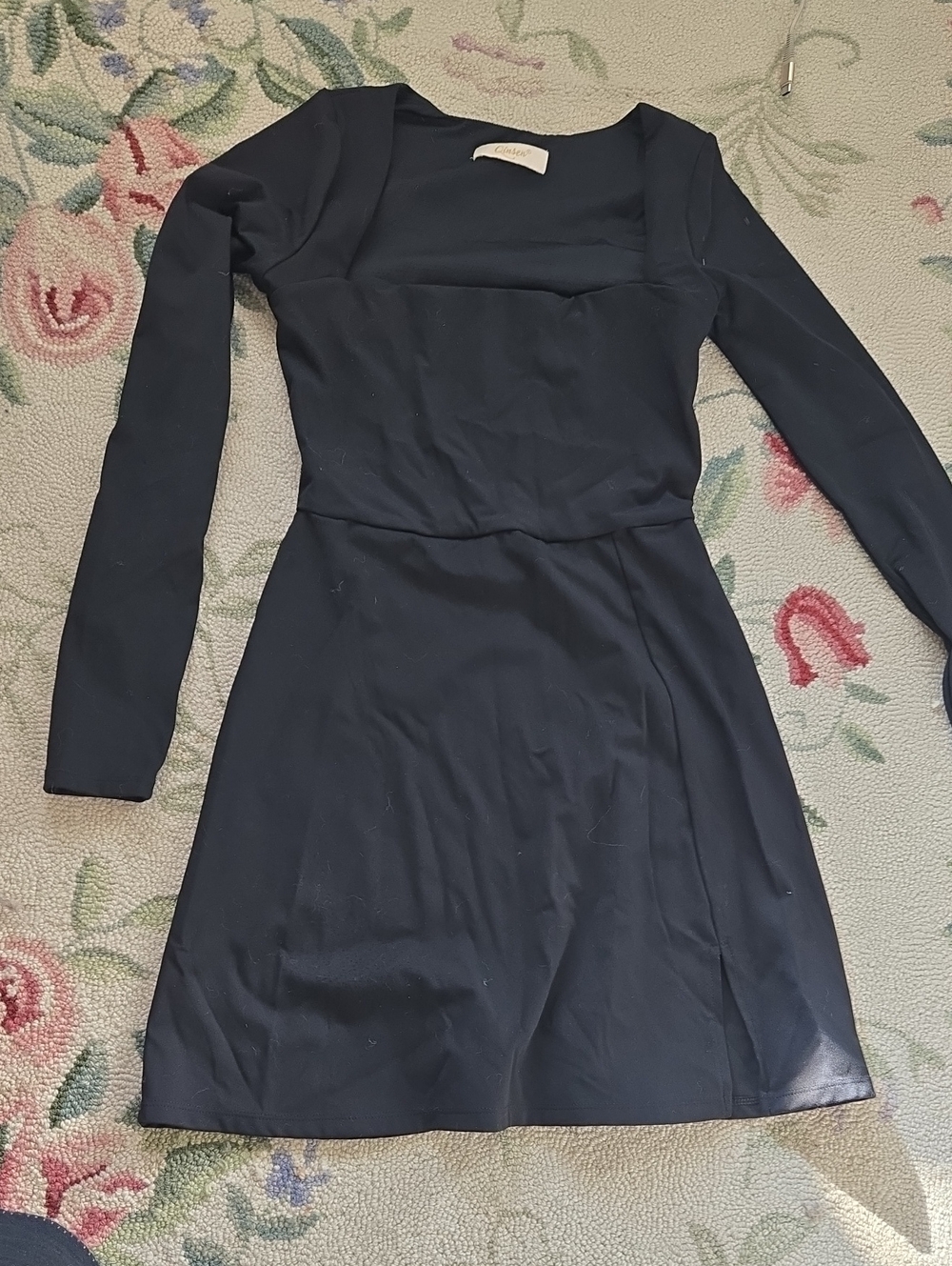 Structured Square-Neck Long-Sleeve Navy Dress